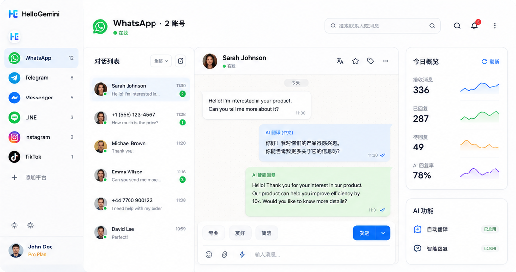 HelloGemini 多账号通讯管理与 AI 翻译界面